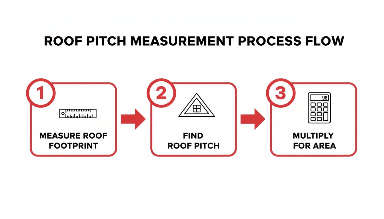 A process flow diagram illustrating three steps to calculate roof pitch and area: measure footprint, find pitch, and multiply.
