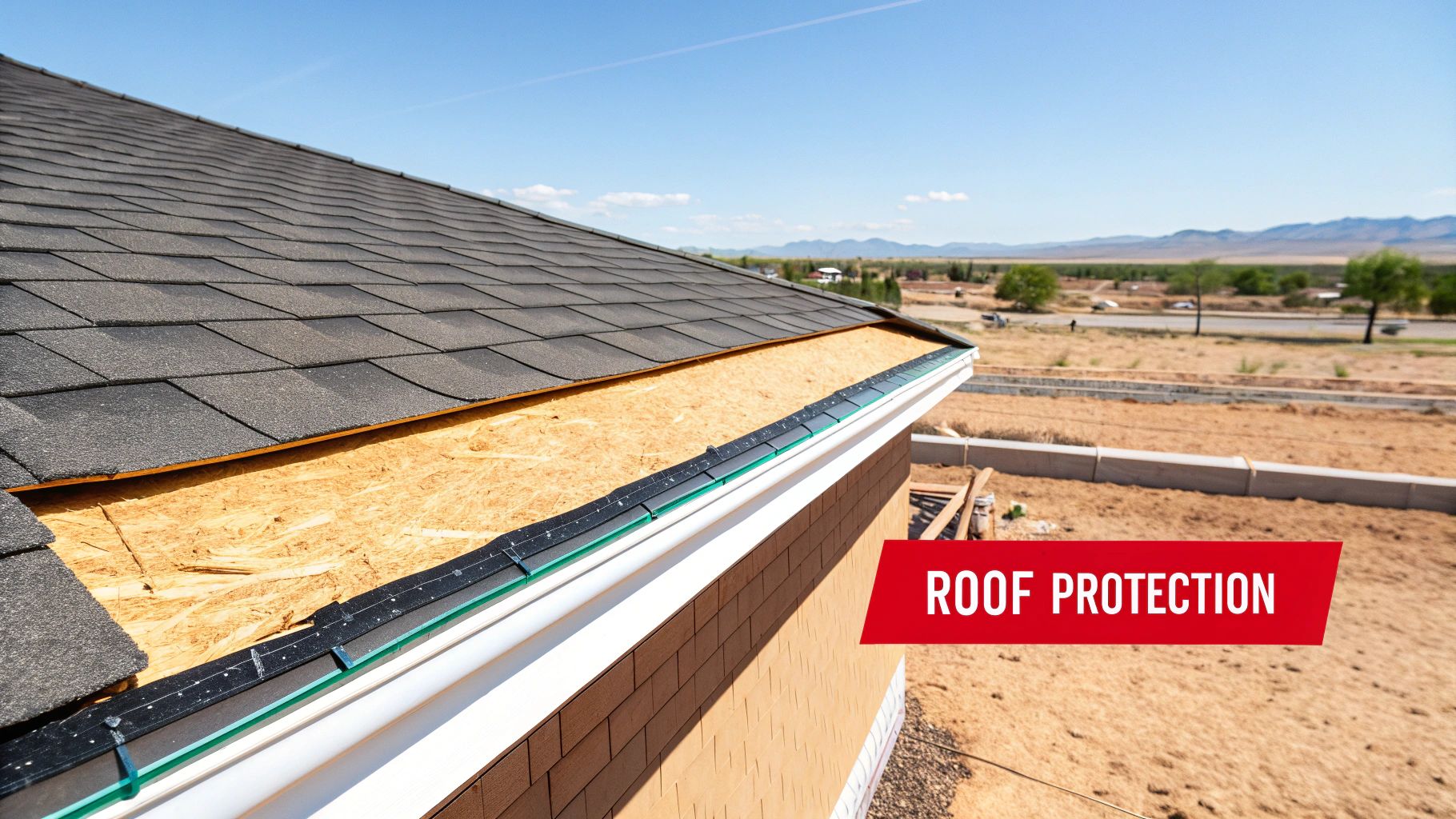 Close-up of a house roof under construction, showing partially installed shingles, underlayment, and a gutter, with "ROOF PROTECTION" text.