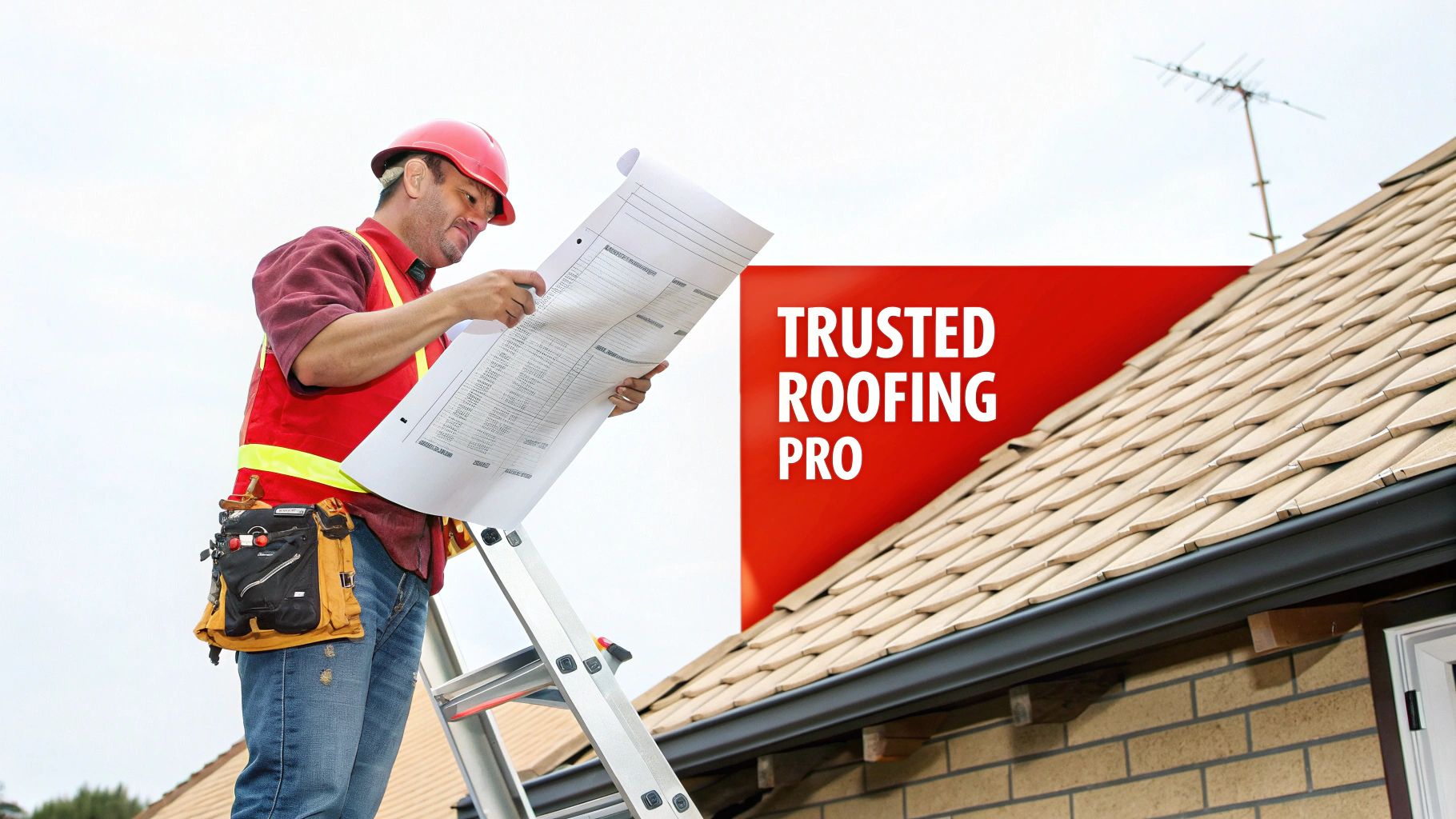 A professional roofer in safety gear working on a residential roof.