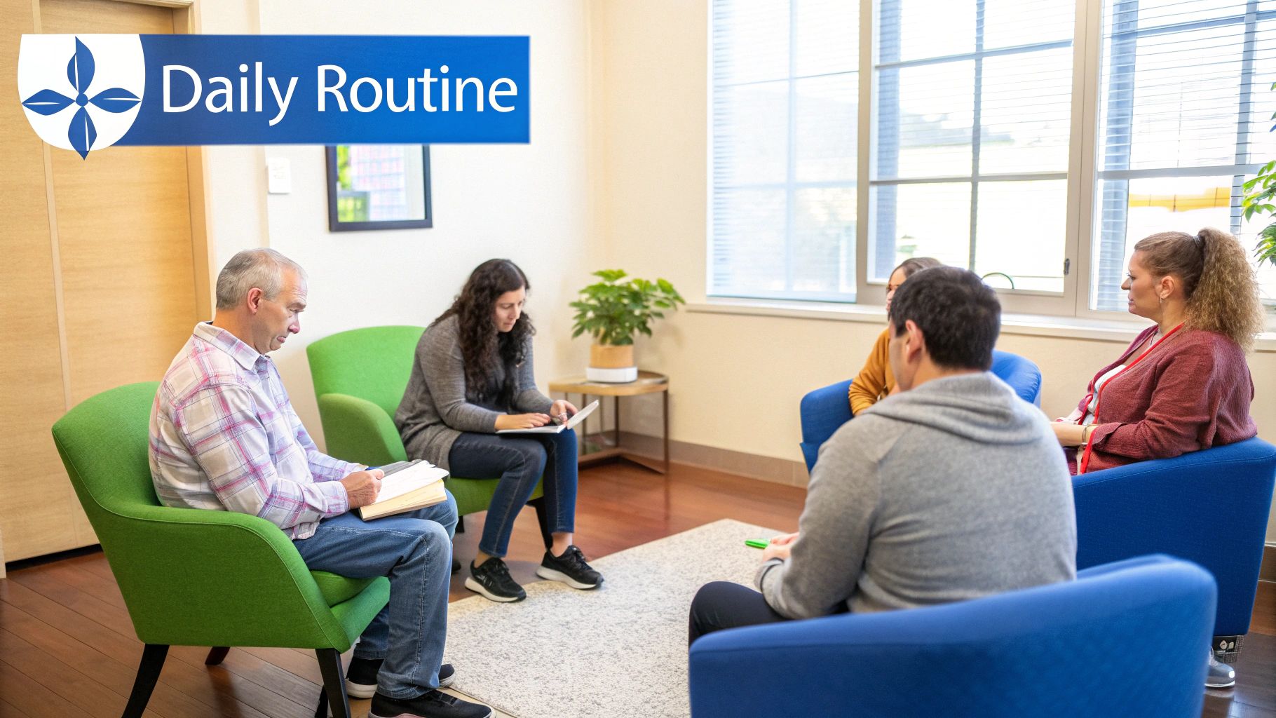 Two people sitting and talking in a serene rehab environment