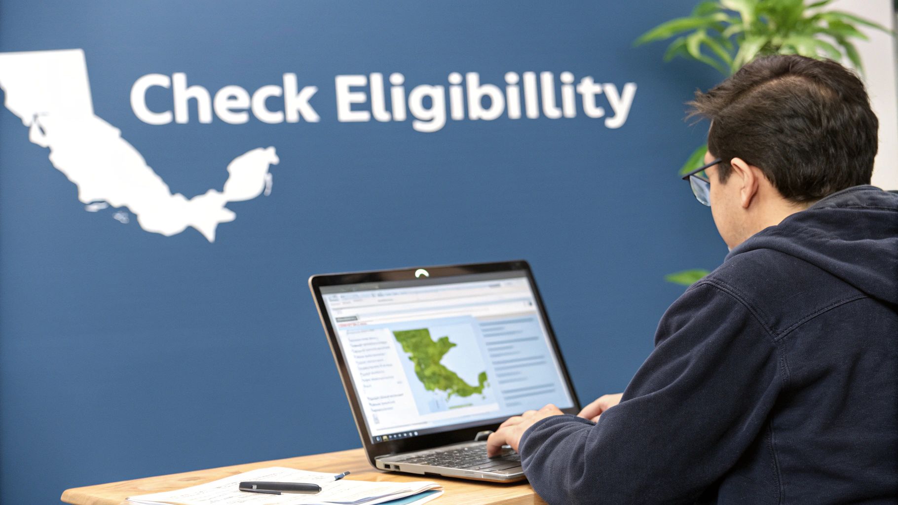 A person checks eligibility on a laptop, with 'Check Eligibility' text and a map on the wall.