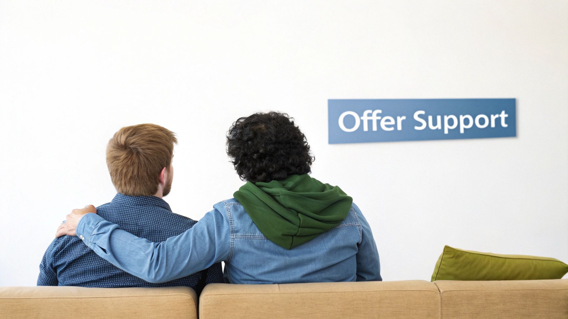 Two people sit on a couch, one comforting the other, with an 'Offer Support' sign.