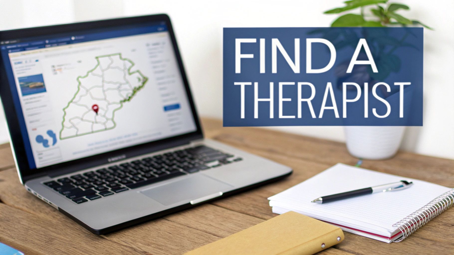 Laptop displaying a map with a pin, next to a text overlay that reads 'Find a Therapist'.