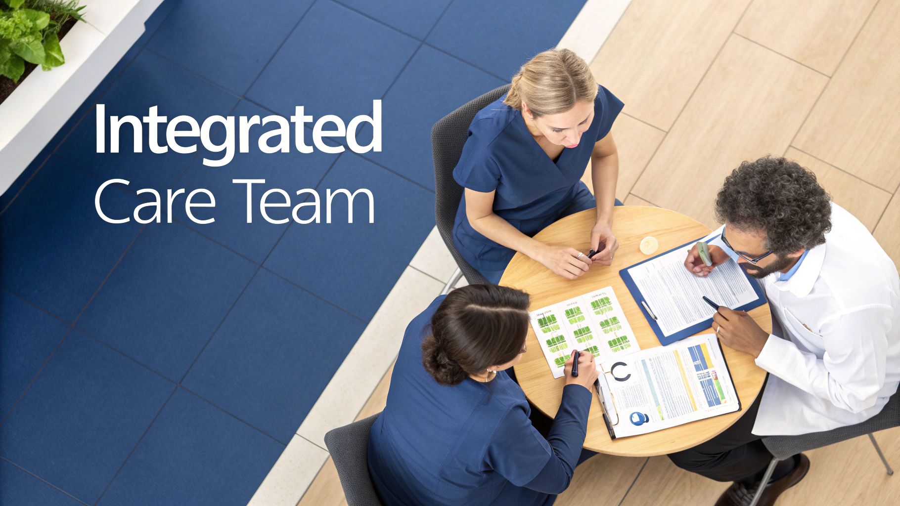 An overhead view of three healthcare professionals, an integrated care team, discussing documents at a table.