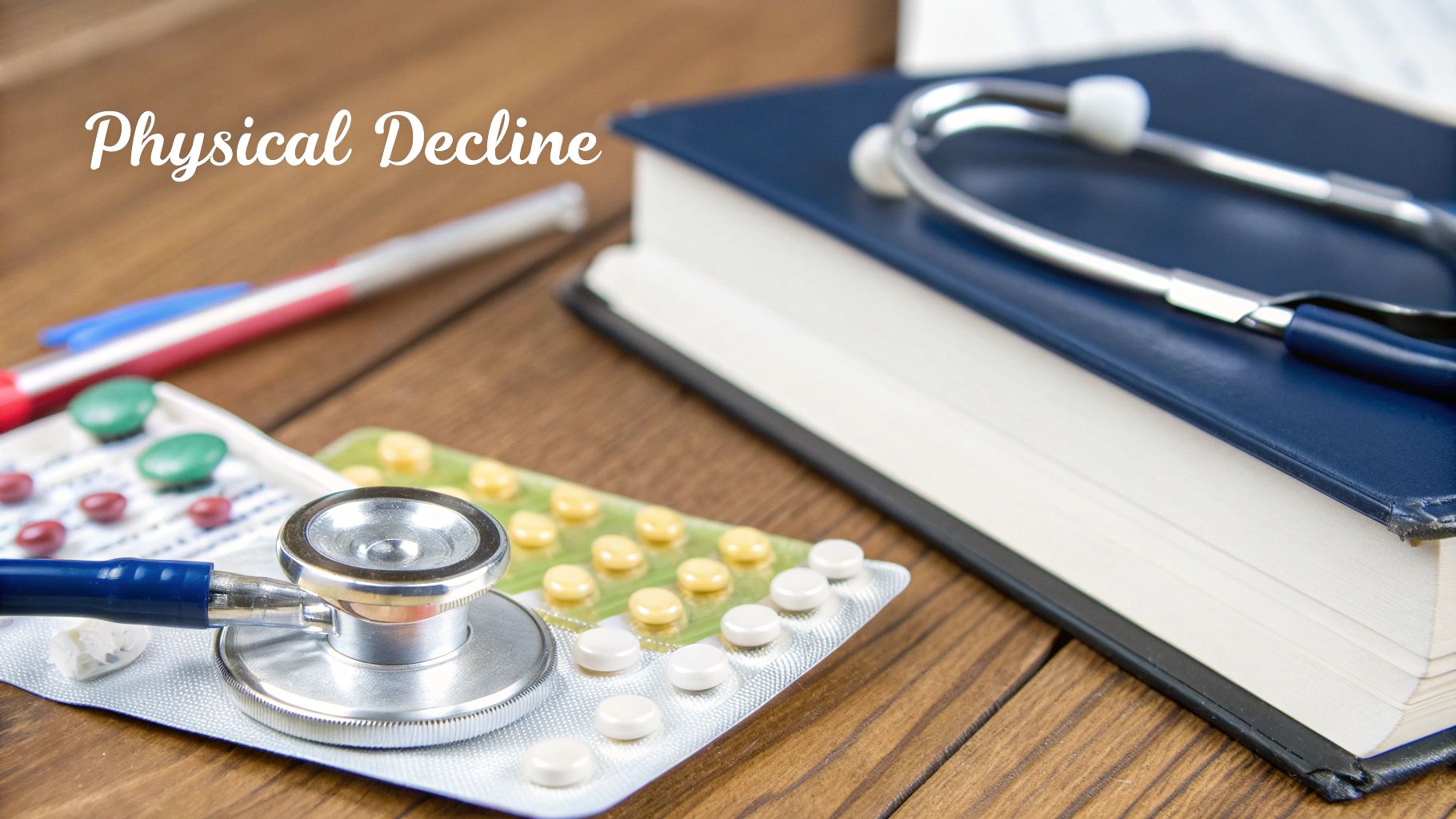 Medical stethoscope with prescription medications and clipboard representing physical decline from substance abuse