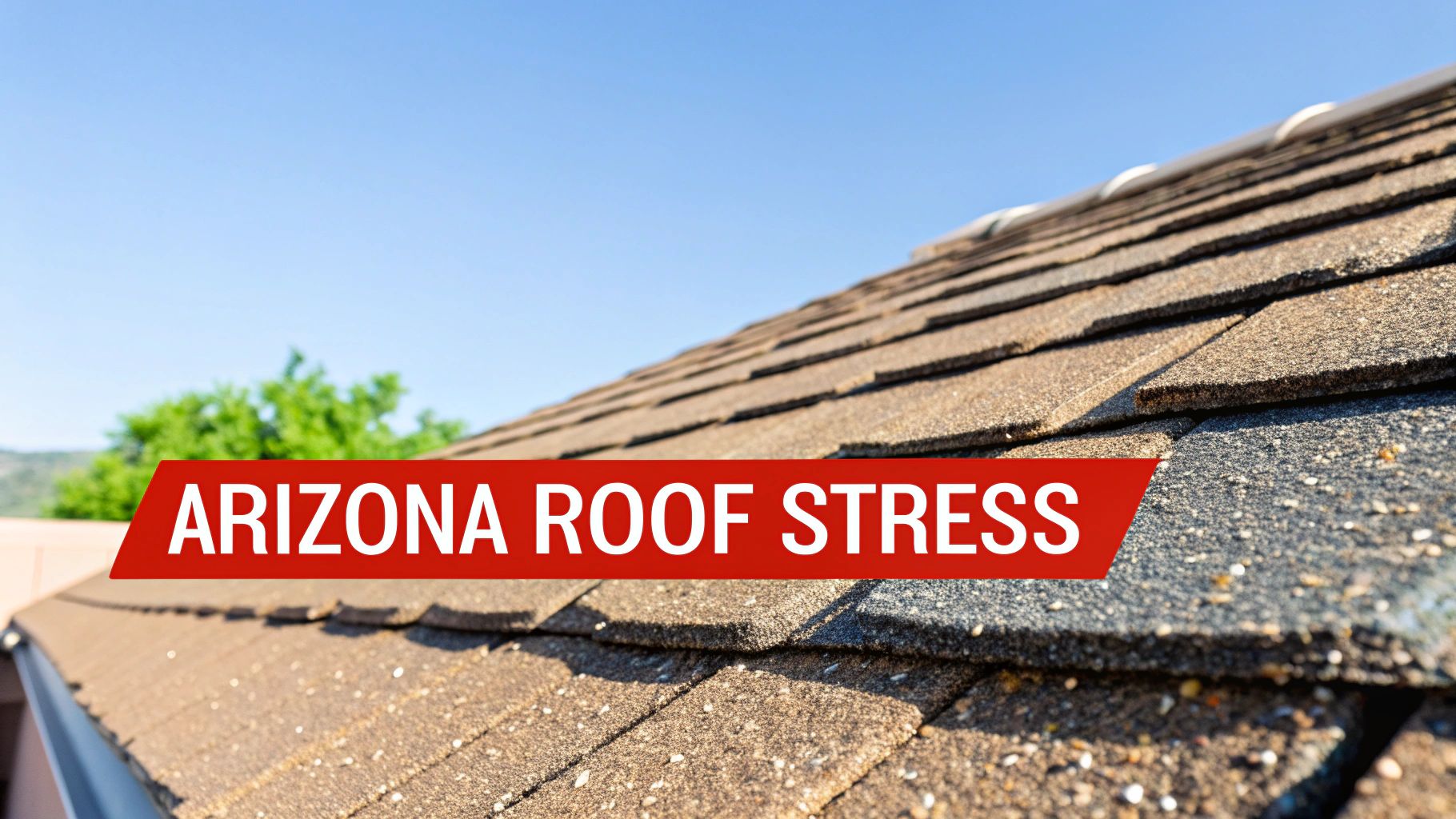 Close-up of a shingle roof under a blue sky with a red banner saying 'ARIZONA ROOF STRESS'.