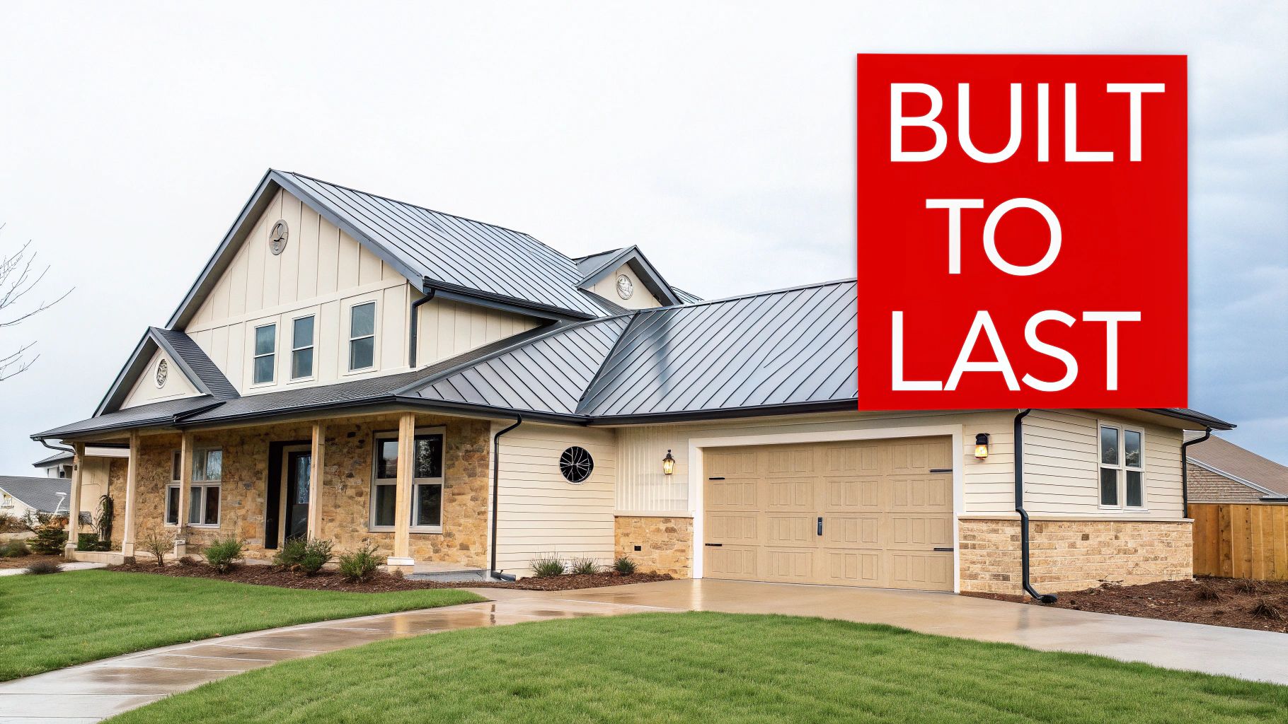 A new modern house featuring a gray standing seam metal roof, beige siding, and stone accents.