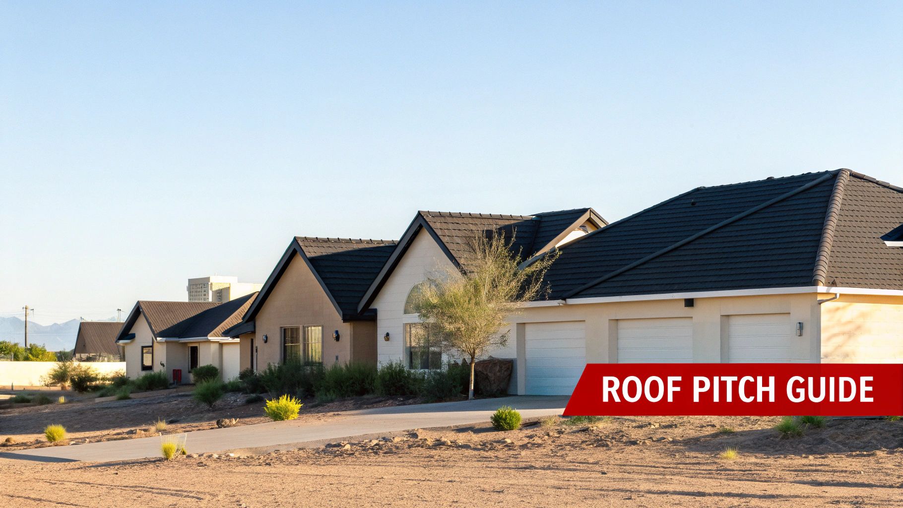 A row of modern houses displaying various dark-tiled pitched roofs under a bright, clear sky.