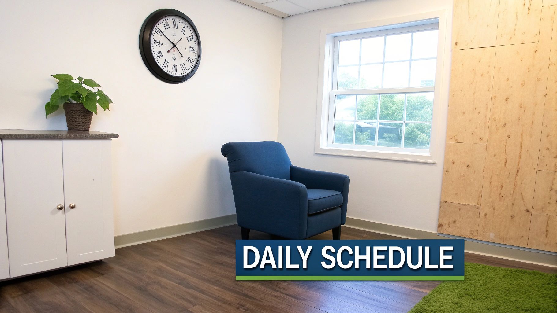 Clean therapy room with blue chair, wall clock, and window for mental health counseling sessions