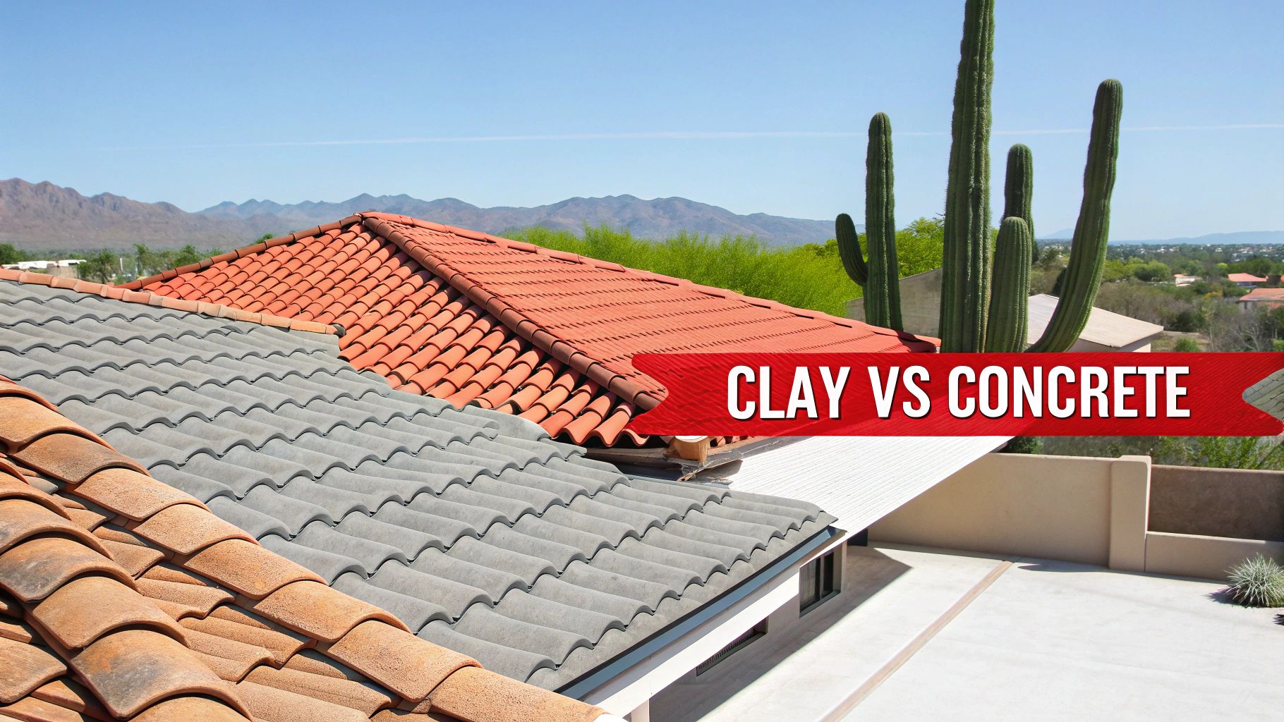 Comparison of clay tile and concrete tile roofs on desert home with mountain view and cacti