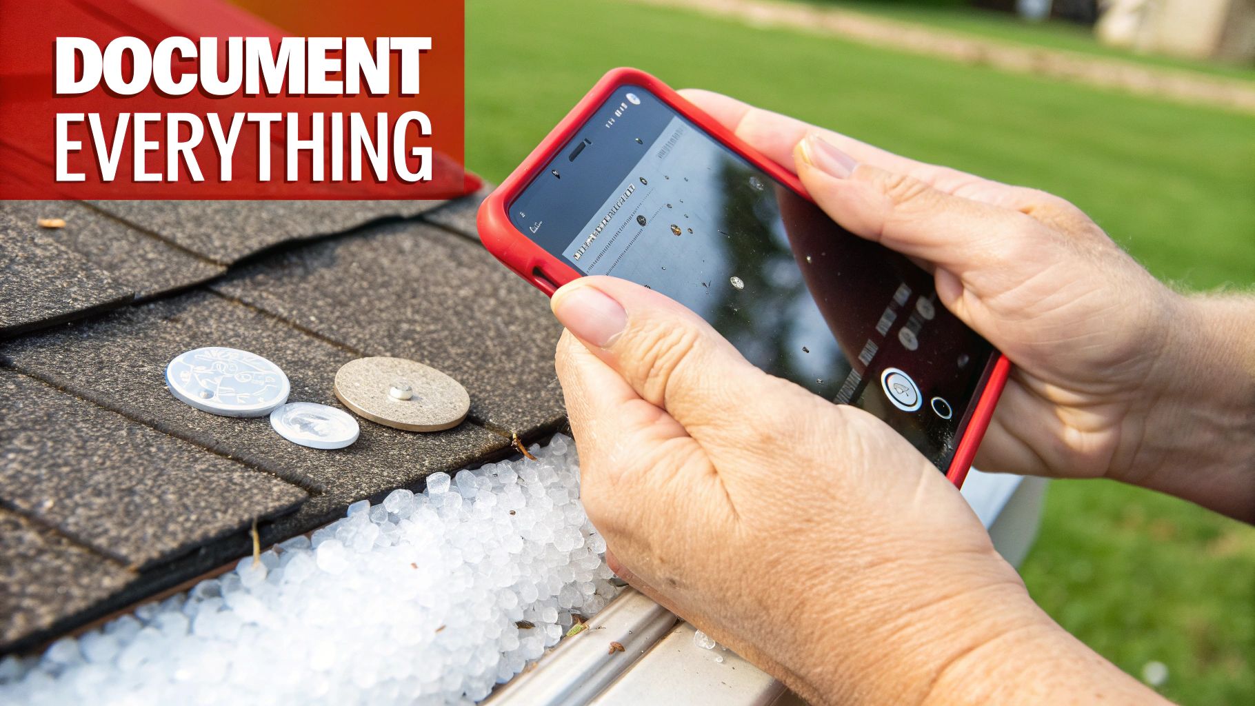 A homeowner and an insurance adjuster looking at a clipboard and inspecting a roof after a storm.