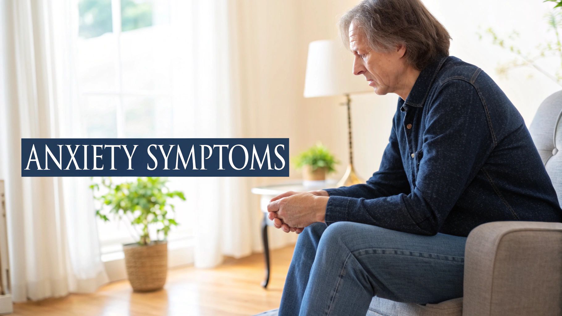 A pensive, middle-aged man sits on a couch, looking down, with text 'ANXIETY SYMPTOMS'.