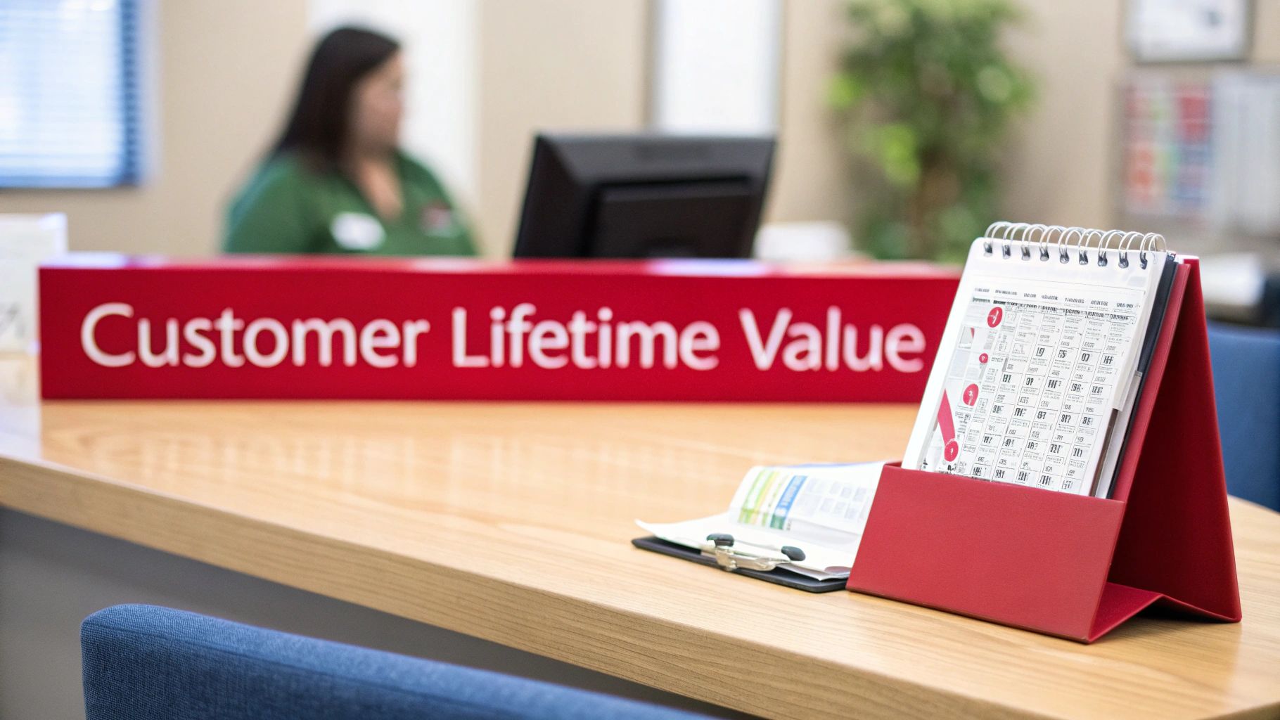 10 Key Performance Indicators for Startups to Track in 2026 A desk with a red sign displaying 'Customer Lifetime Value' and a calendar, with a blurred employee in the background.