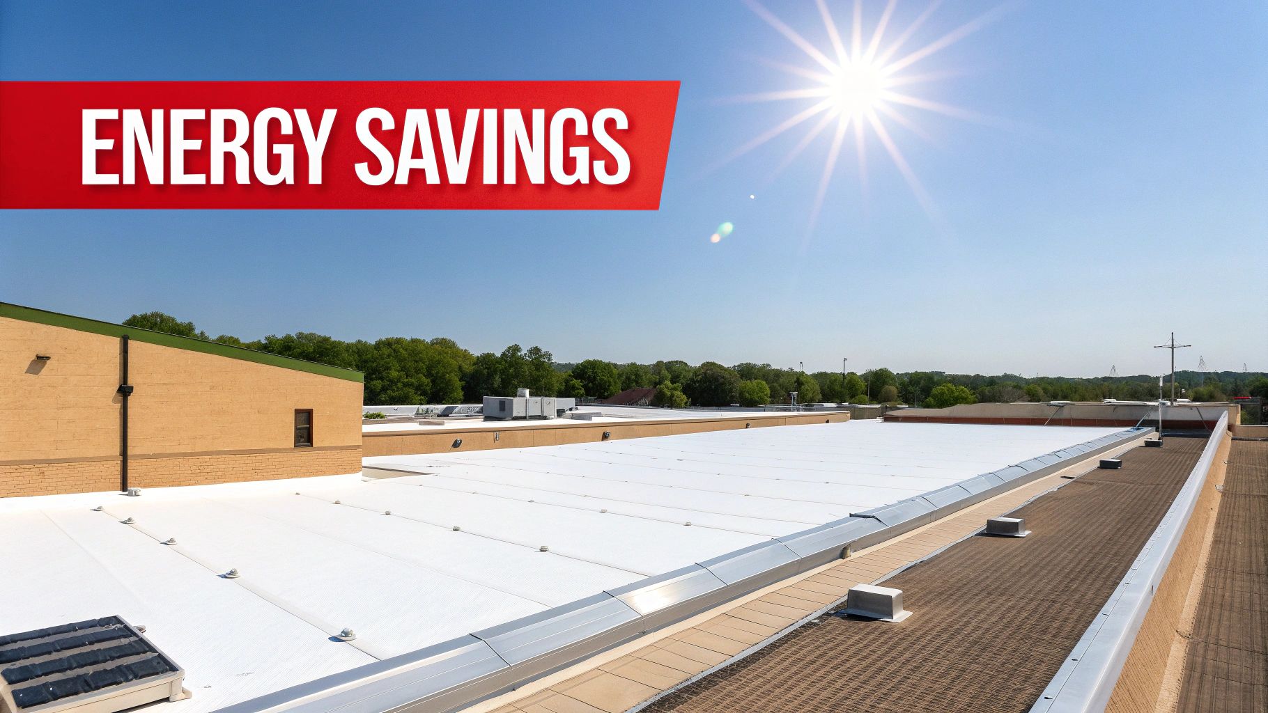 A bright sunny day above a commercial building with a white flat roof and 'ENERGY SAVINGS' text.