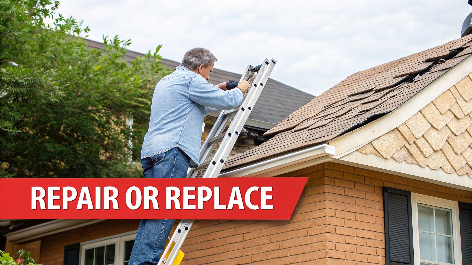 A homeowner thoughtfully looking at their roof, planning the financial decision between repair and replacement.