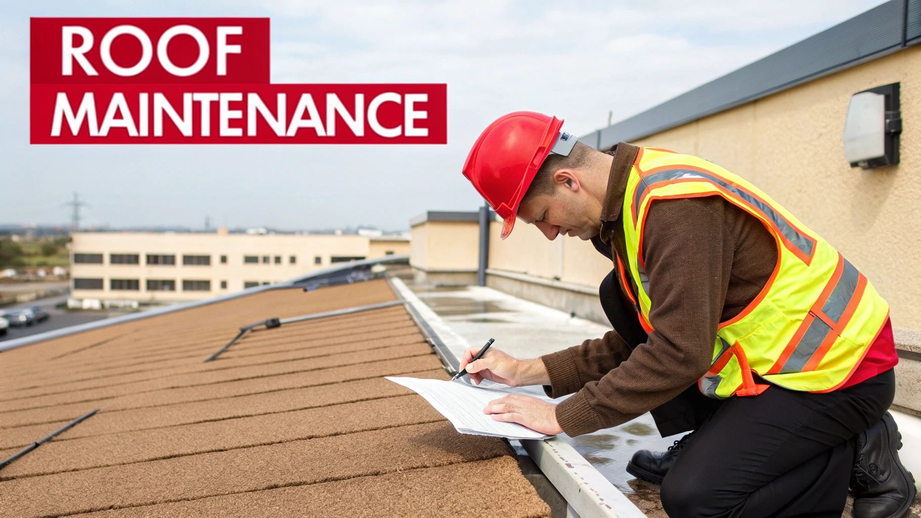 A roofing professional inspecting the seams of a commercial modified bitumen roof with a clear blue sky in the background.
