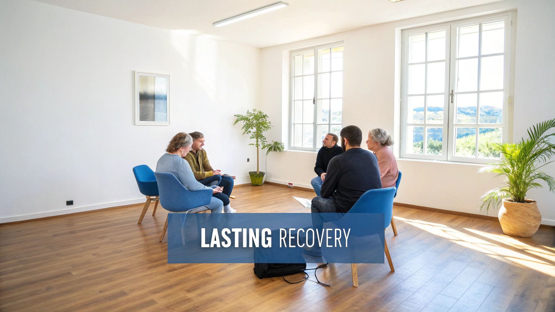 A diverse group of adults sitting in a circle during a support group meeting in a bright, welcoming room.