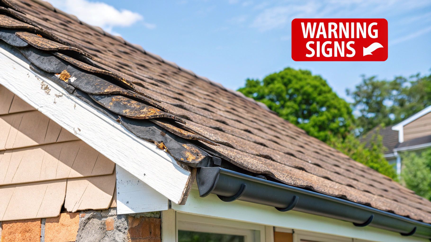 Close-up of cracked and curling roof shingles showing signs of wear.
