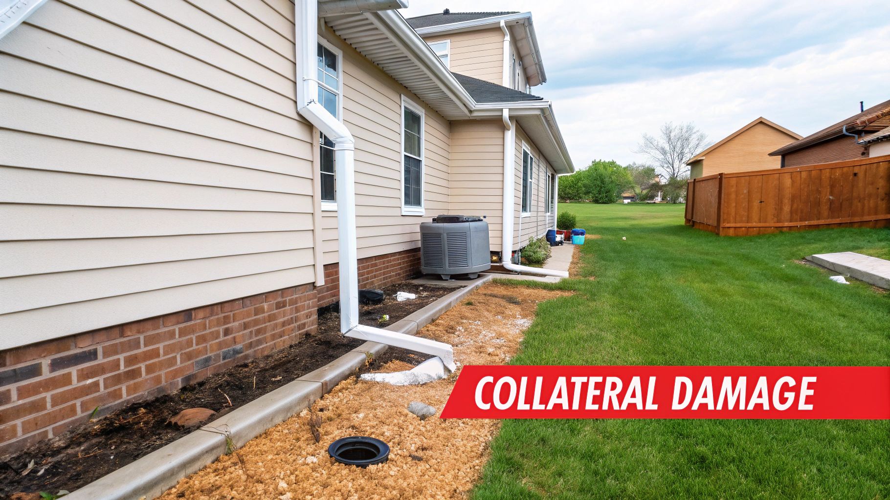 A homeowner safely inspecting the side of their house for dents and dings on the siding and gutters after a storm.