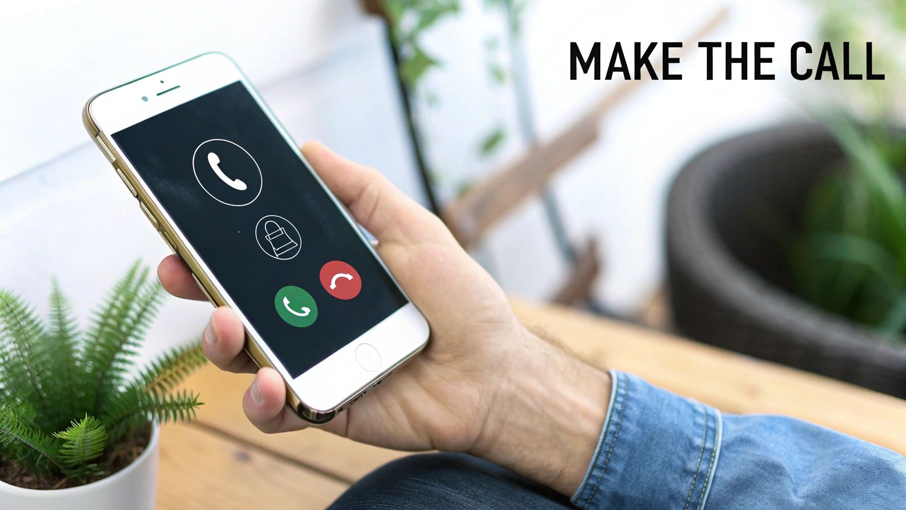 Person holding smartphone with incoming call screen showing green answer and red decline buttons