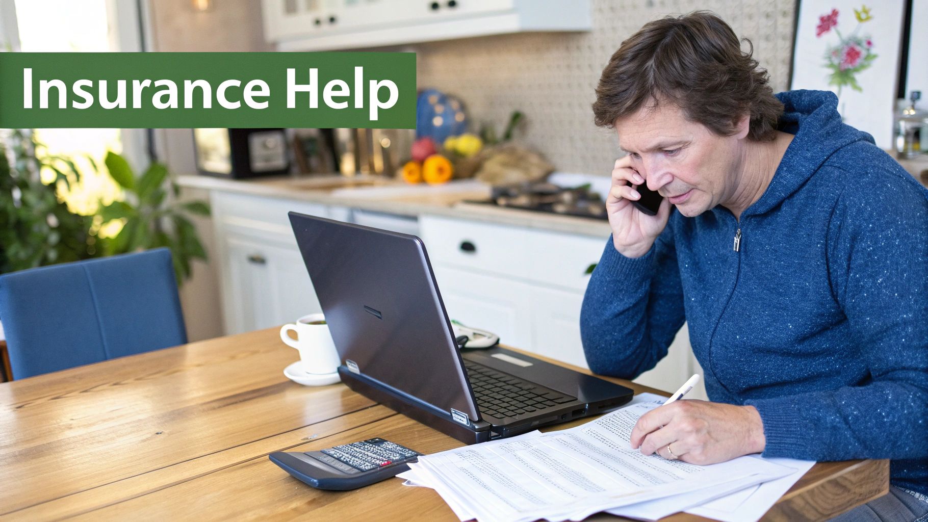 Man on phone, looking at laptop, and writing on papers, with 'Insurance Help' banner.