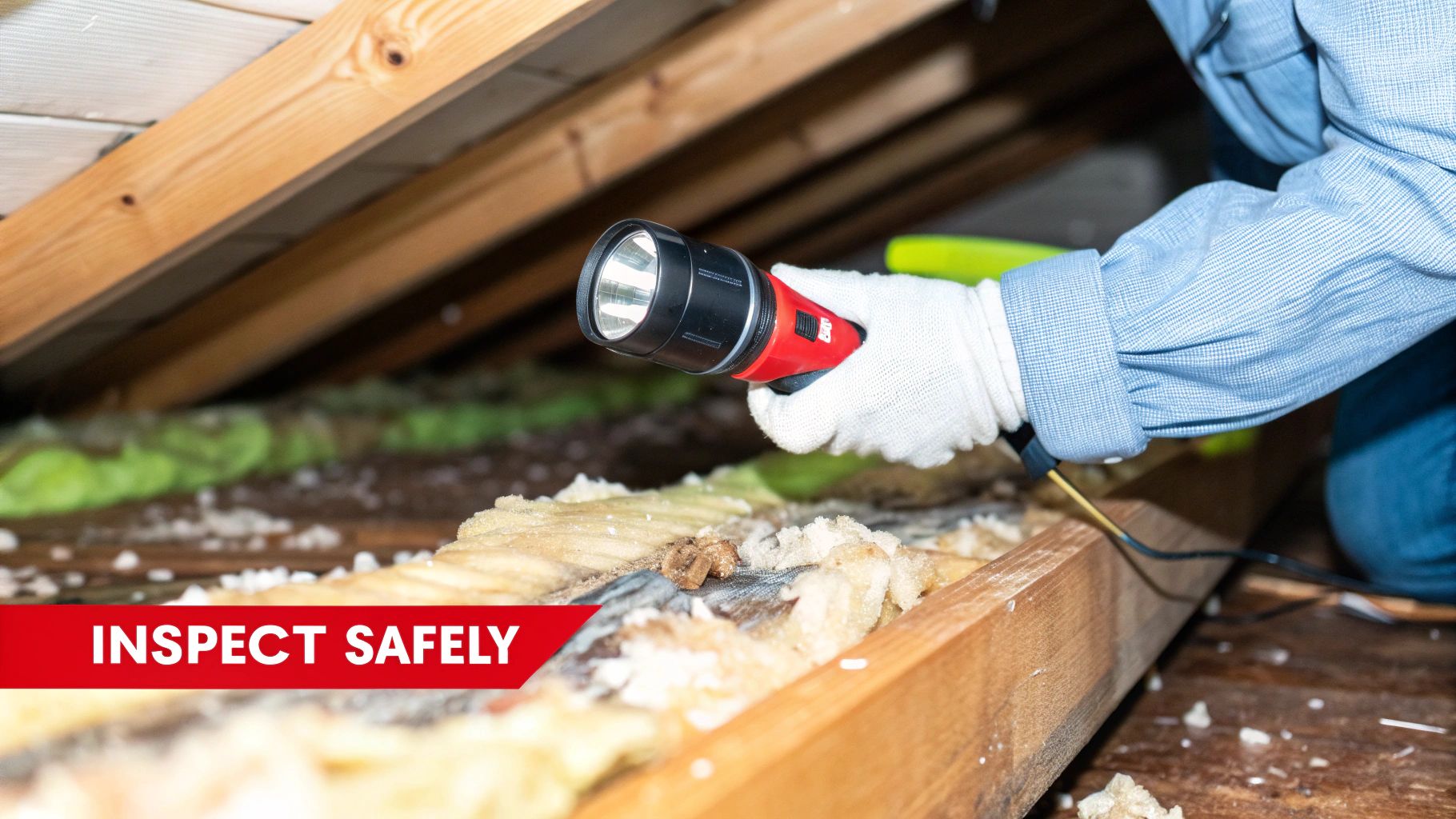 A person safely inspecting a roof with a flashlight, focusing on damaged shingles and potential leak points.