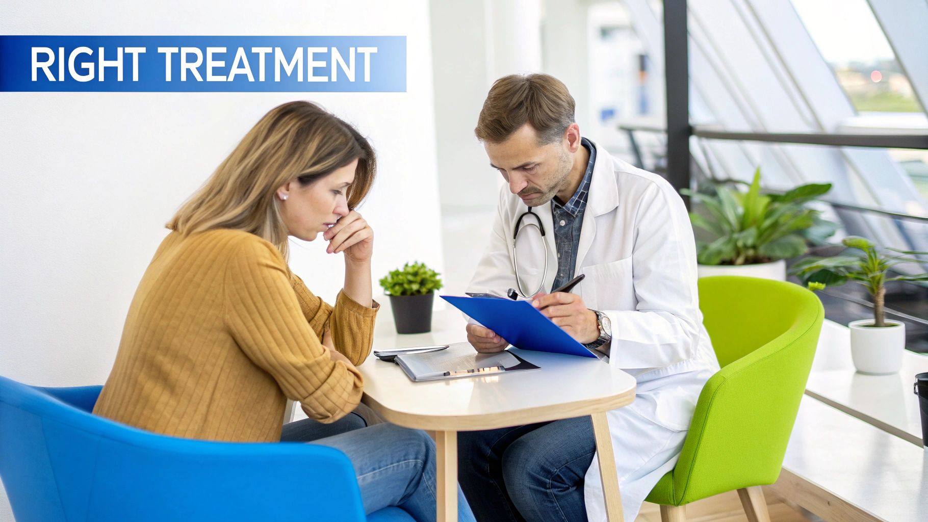 A healthcare professional discussing treatment options with a patient, symbolizing the personalized choice between Suboxone and Subutex.