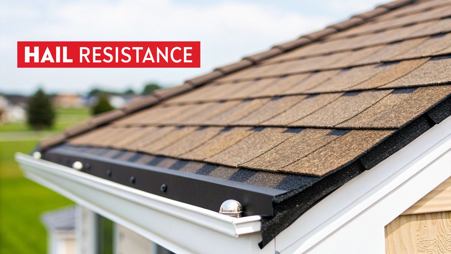 A close-up shot of a hail-resistant shingle being tested for impact in a lab setting.
