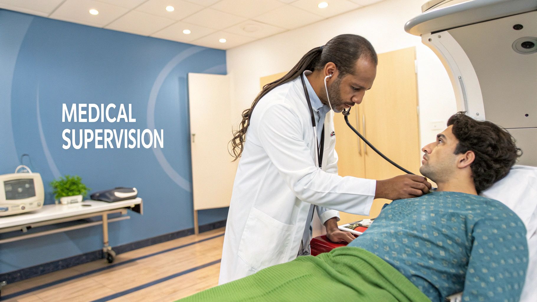 A medical professional carefully monitoring a patient's vitals in a calm, clinical setting.