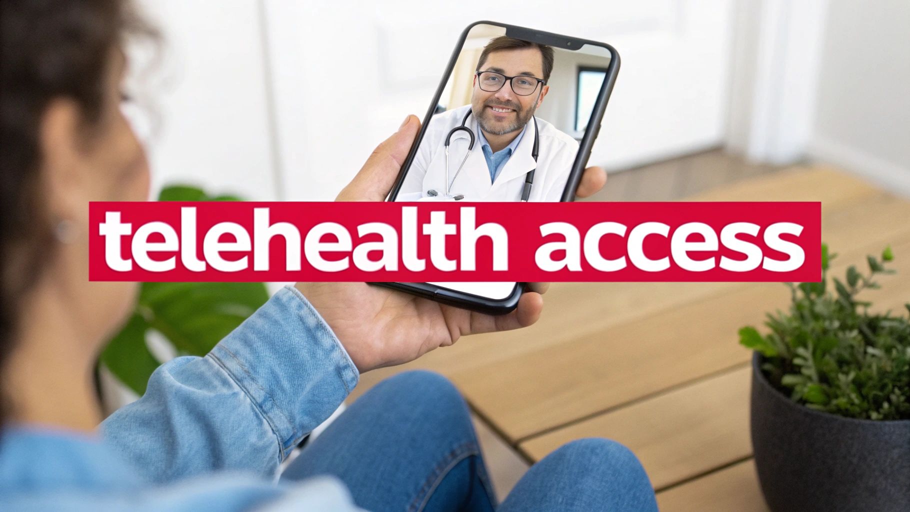 Leading with business model innovation examples: 10 powerful case studies A person holds a smartphone displaying a smiling male doctor for a telehealth consultation, with 'telehealth access' text.