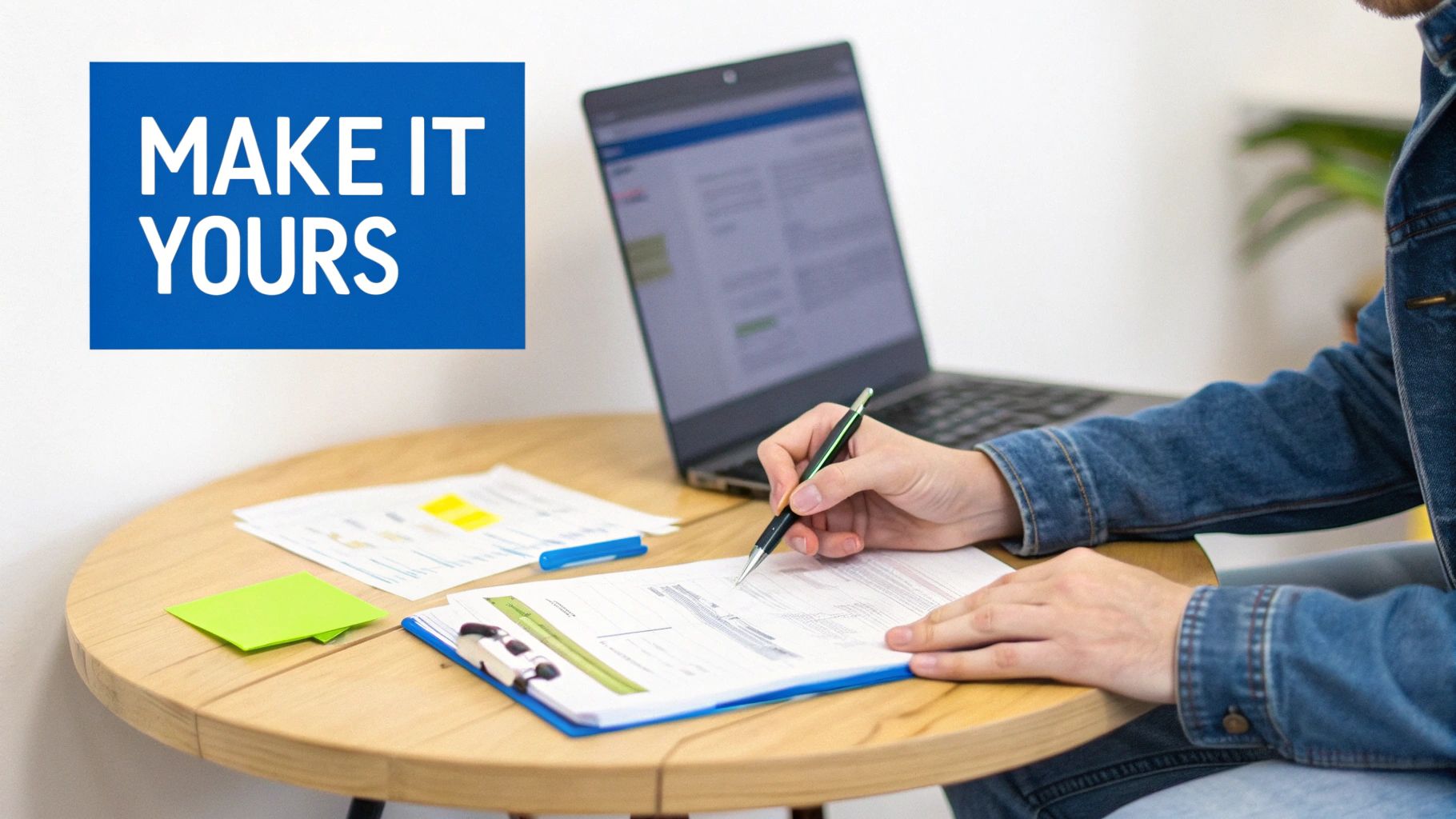 A woman filling out a worksheet at a desk with a laptop and a cup of coffee nearby.