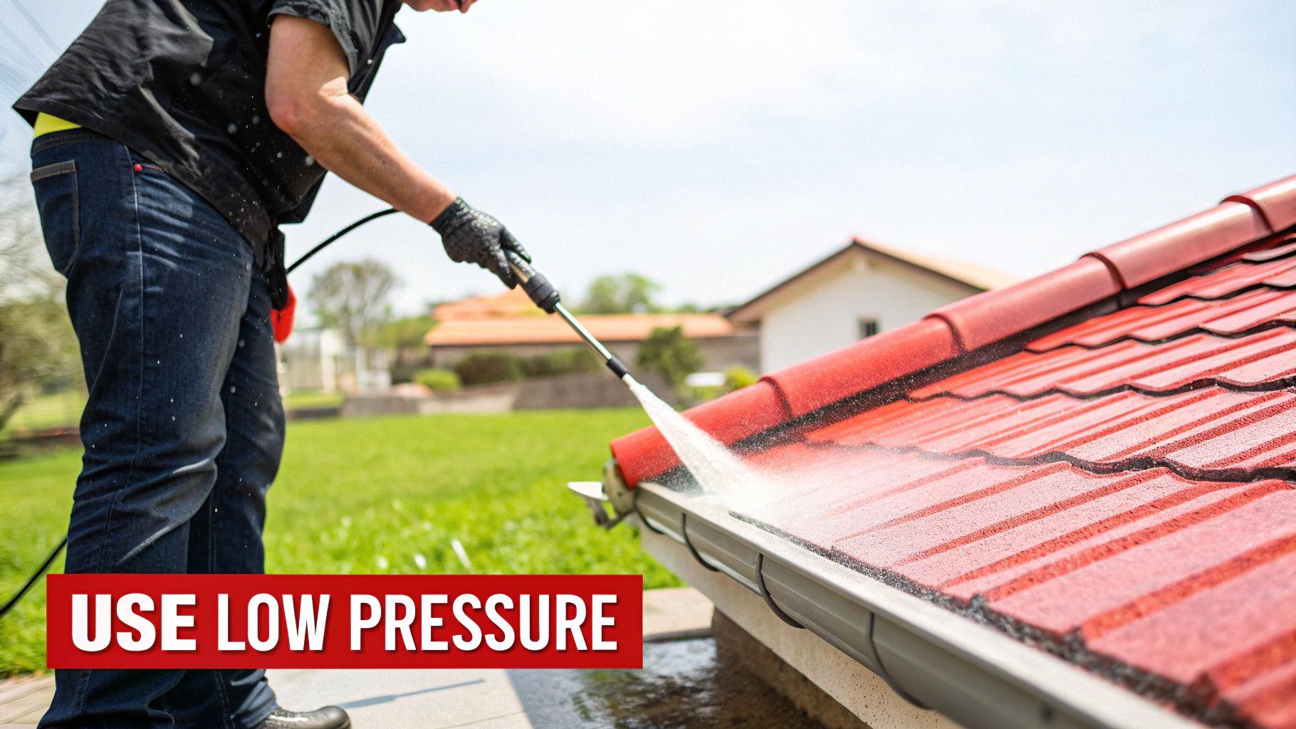 Man in jeans and gloves pressure washing a red tiled roof, with 'USE LOW PRESSURE' text.