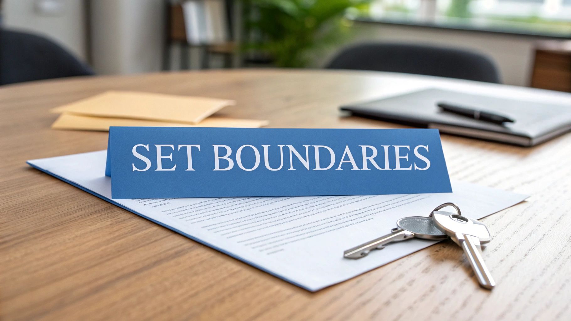 A person's hands placing a card that says 'SET BOUNDARIES' on a wooden desk.