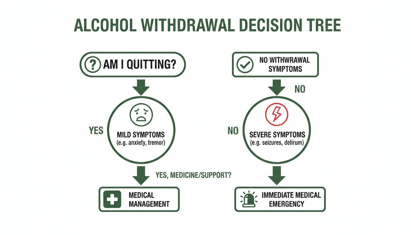 An alcohol withdrawal decision tree diagram guiding on actions for mild, severe, or no symptoms.