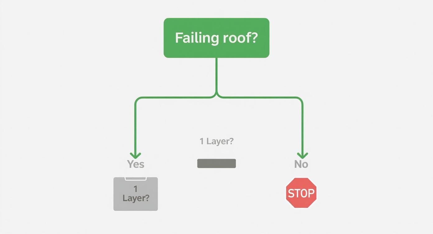 Flowchart showing decision process for failing roof with one layer versus multiple layers
