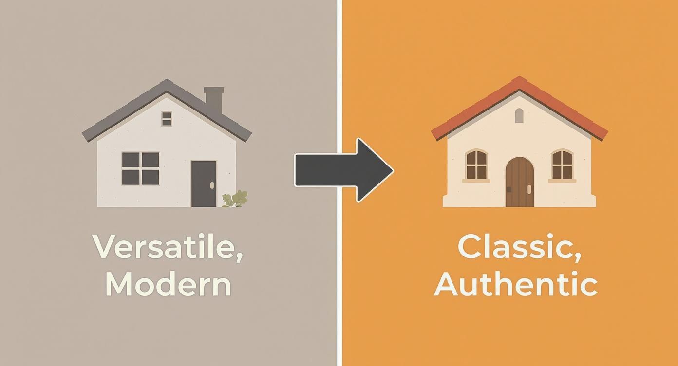 Illustration comparing a versatile modern house to a classic authentic house, with an arrow in between.