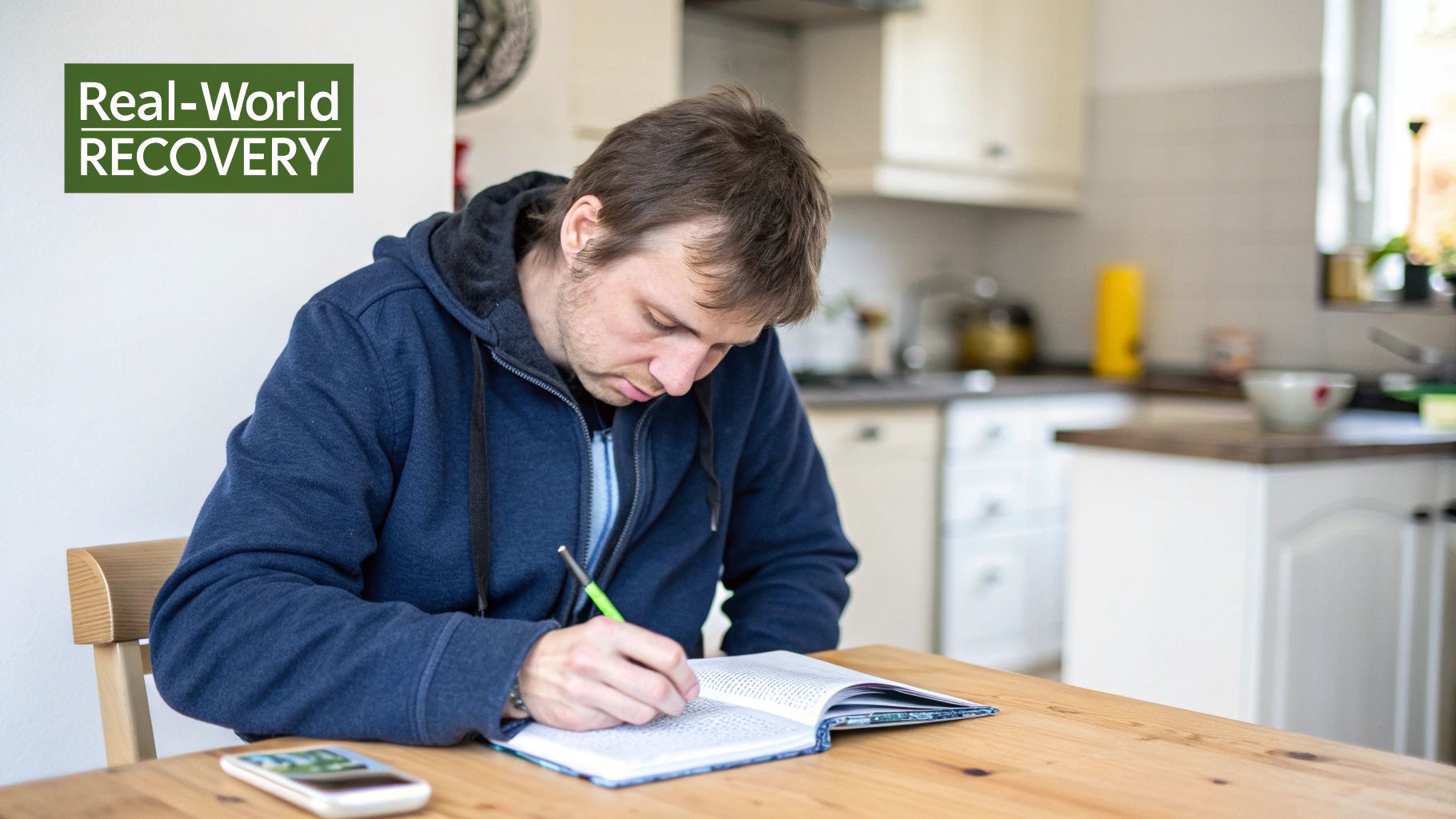 A man in a blue hoodie diligently writes in a notebook at a wooden table, focused on real-world recovery.