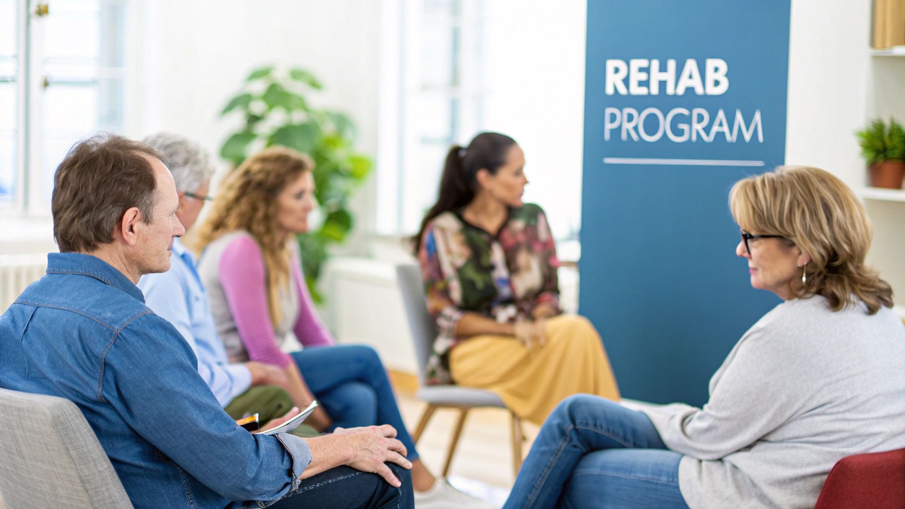 A group therapy session with patients sitting in a circle, engaged in a discussion.