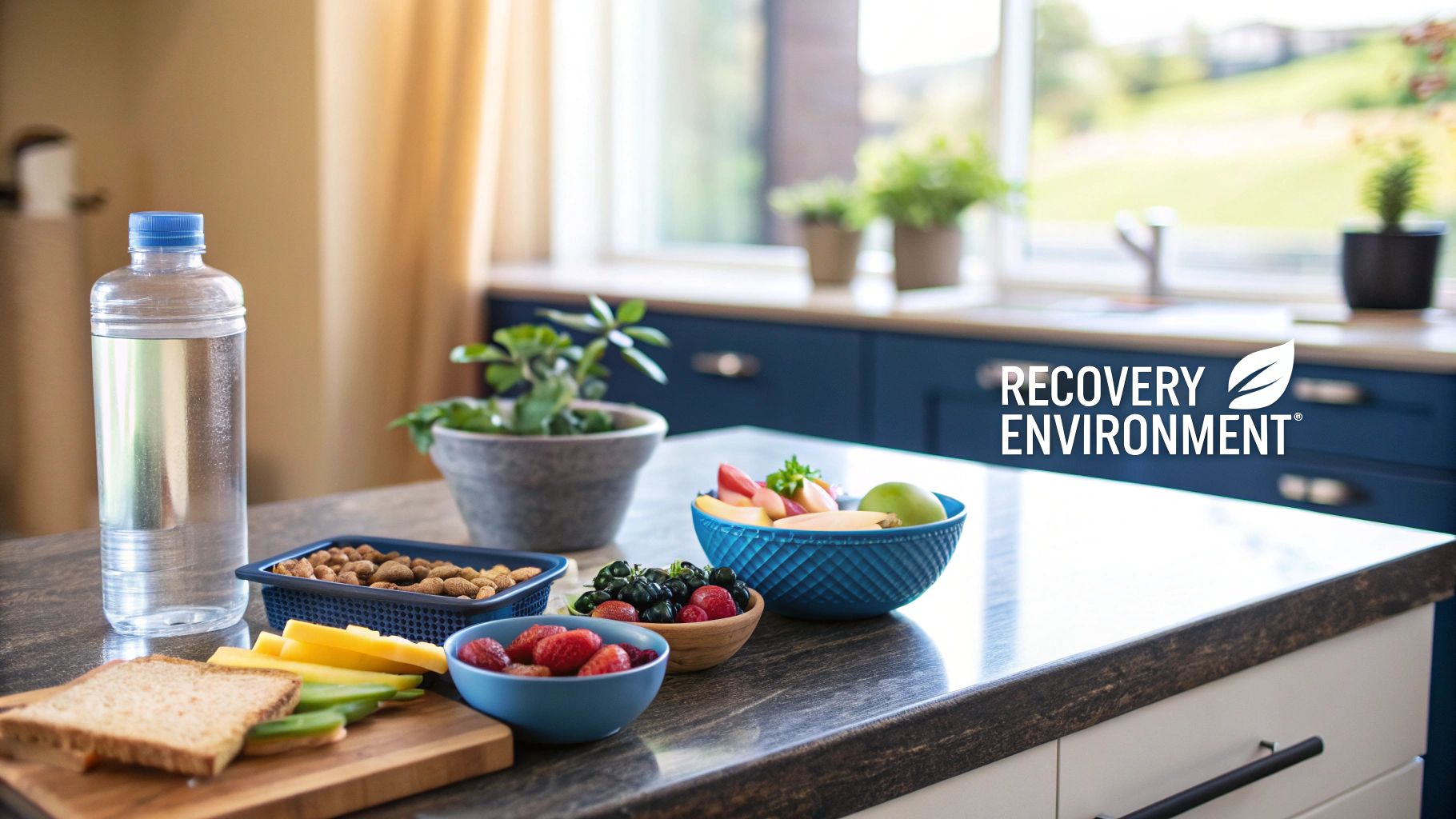 A calm and organized living room with plenty of natural light, representing a supportive recovery environment.