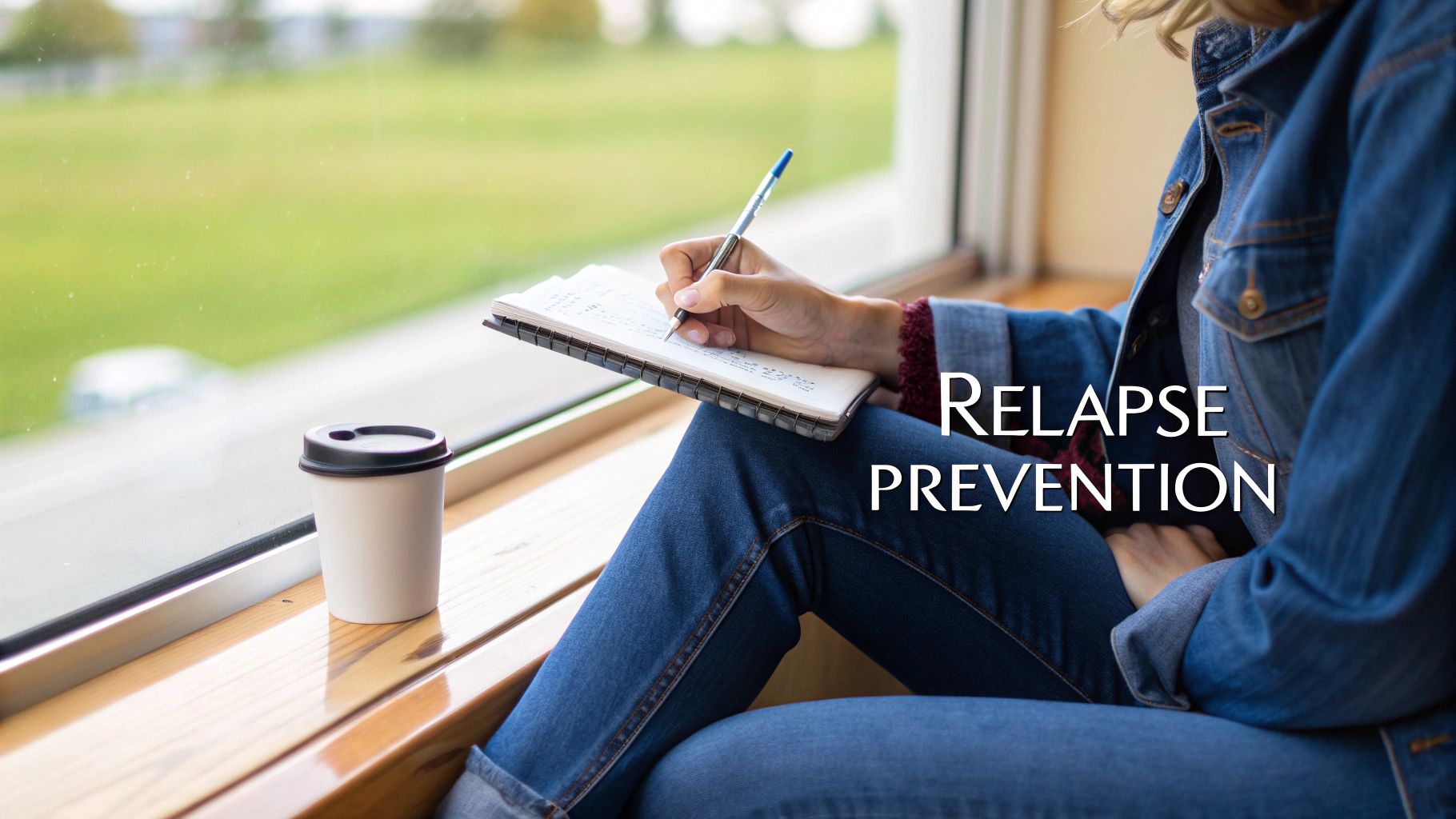 A person in denim writes in a notebook by a window with a coffee cup, text 'Relapse Prevention'.