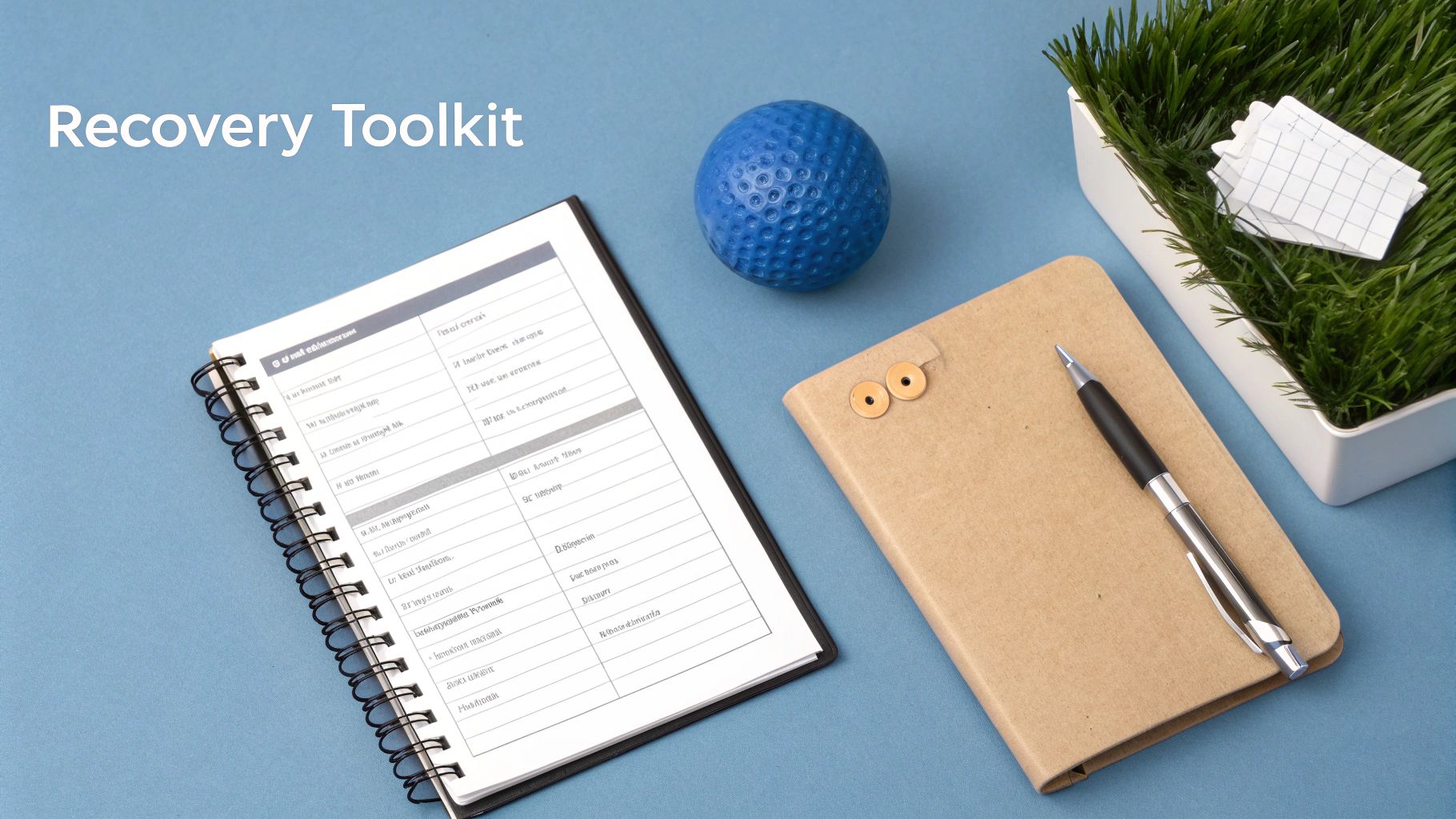 A flat lay of a recovery toolkit including a notebook, pen, blue ball, and notes on a blue background.
