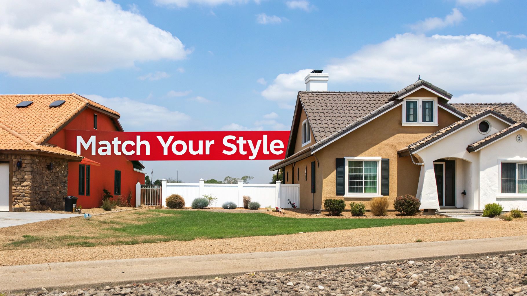 Two residential houses with different roof colors and architectural styles under blue sky