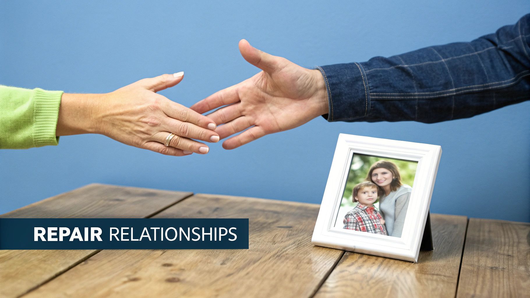Two hands reaching for a handshake over a wooden table, with a family photo and "REPAIR RELATIONSHIPS" text.