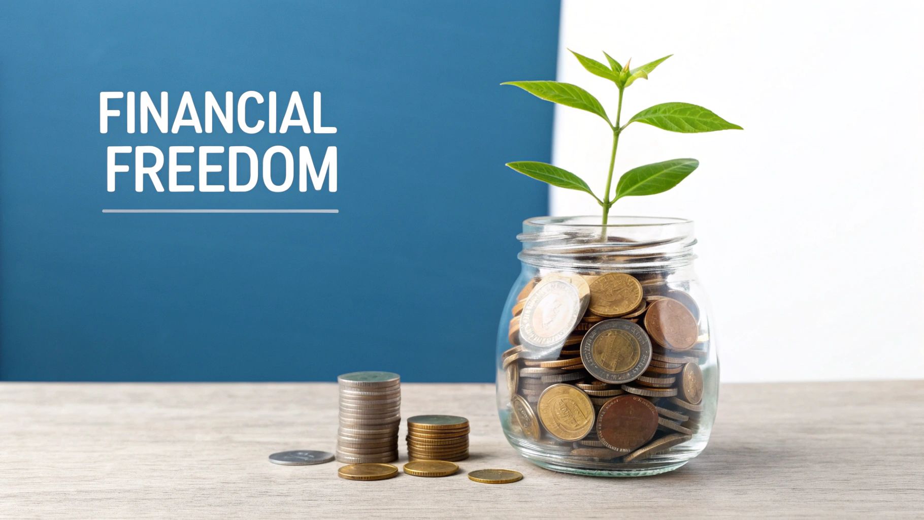 A person proudly places a coin into a growing jar of money, with a thriving plant beside it, illustrating financial growth and savings.