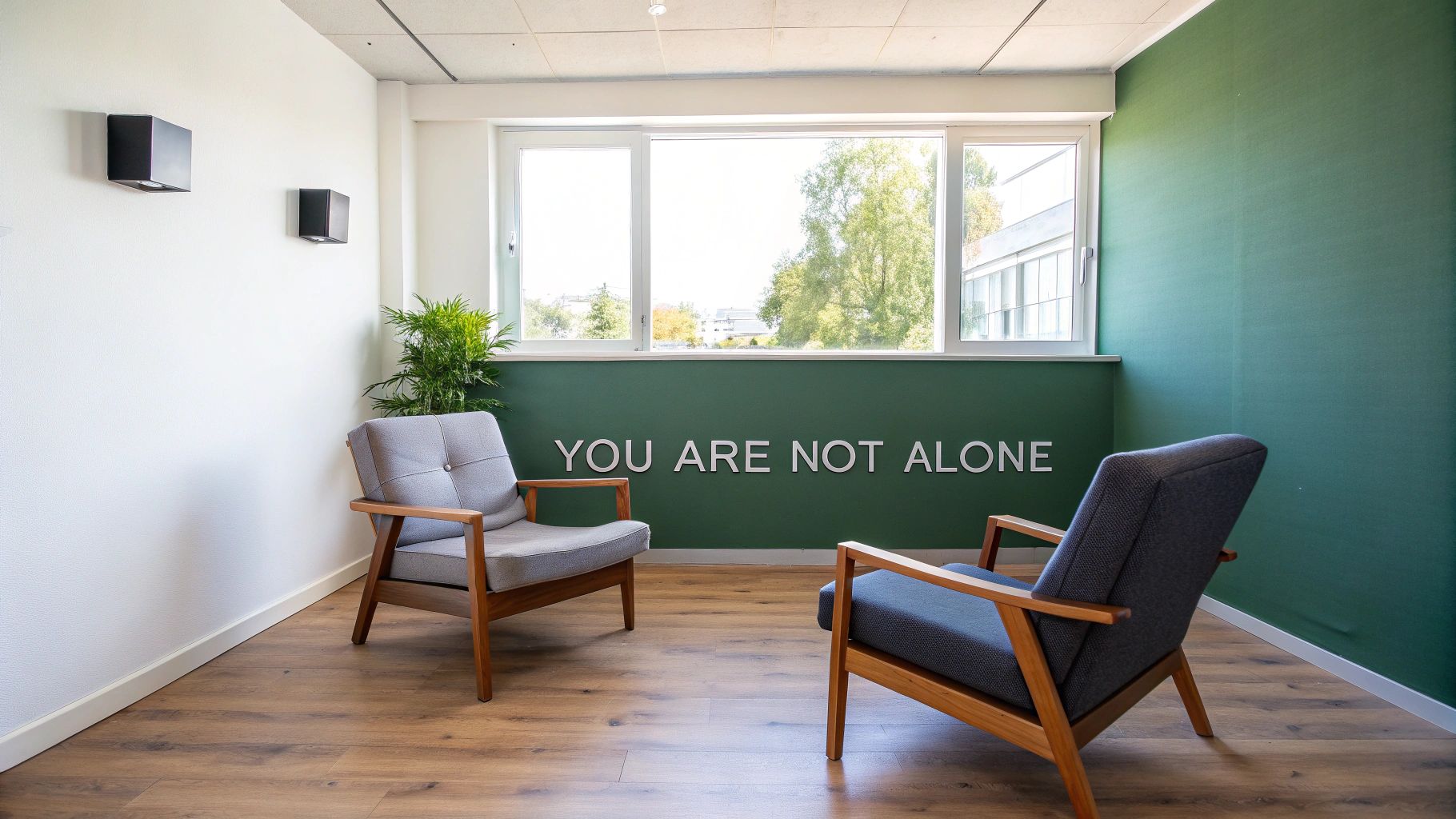 A comfortable room with two armchairs, a window overlooking trees, and 'YOU ARE NOT ALONE' written on a green wall.