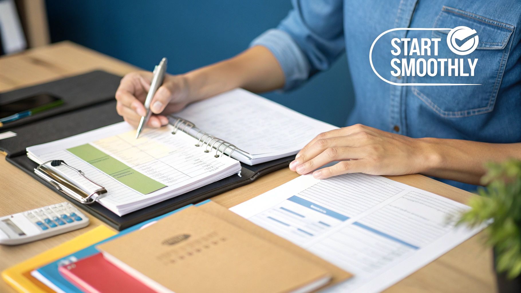 A person on the phone, looking at insurance documents at a desk.