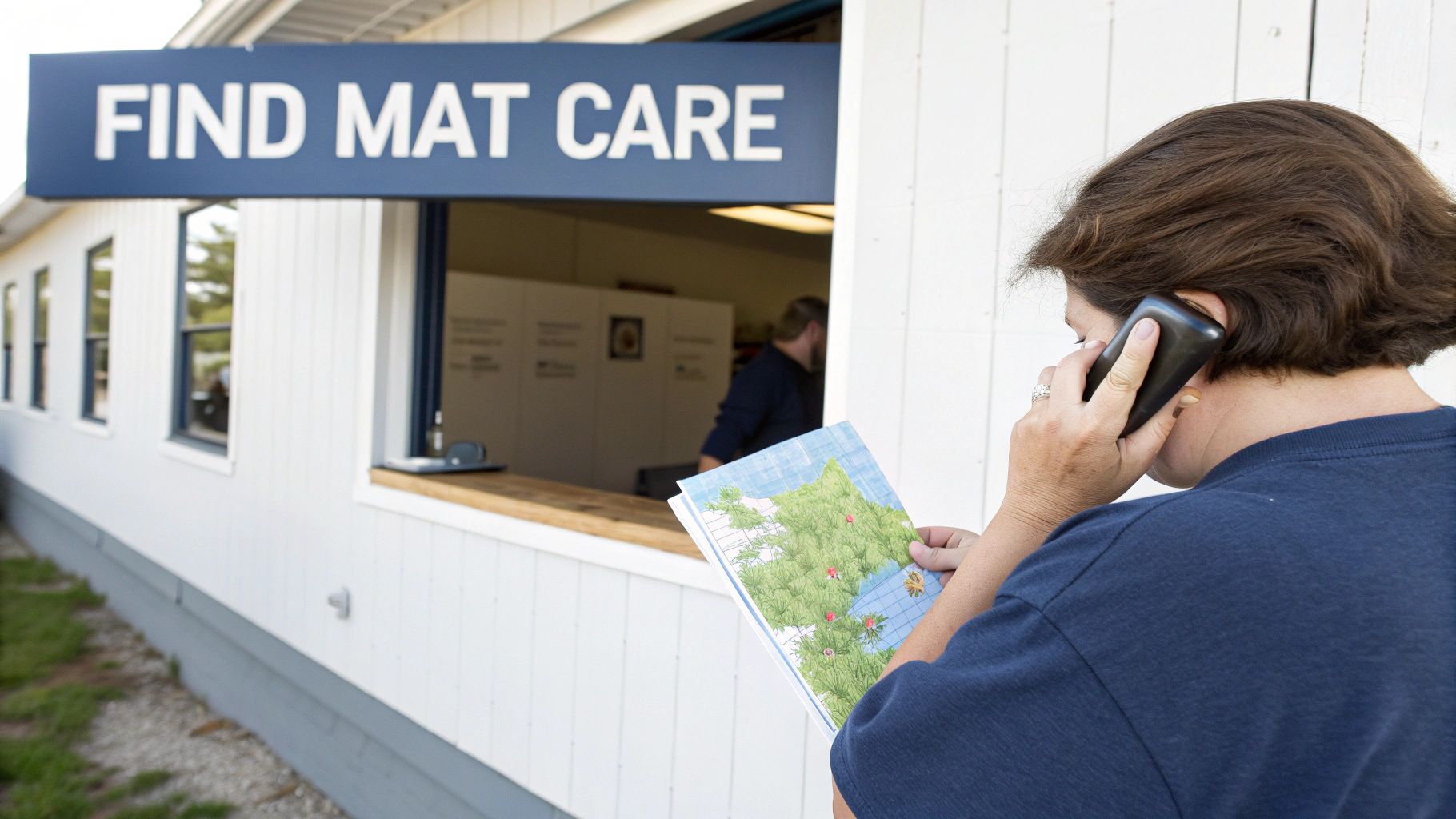 Woman on phone holding a map in front of a building with a 'FIND MAT CARE' sign.