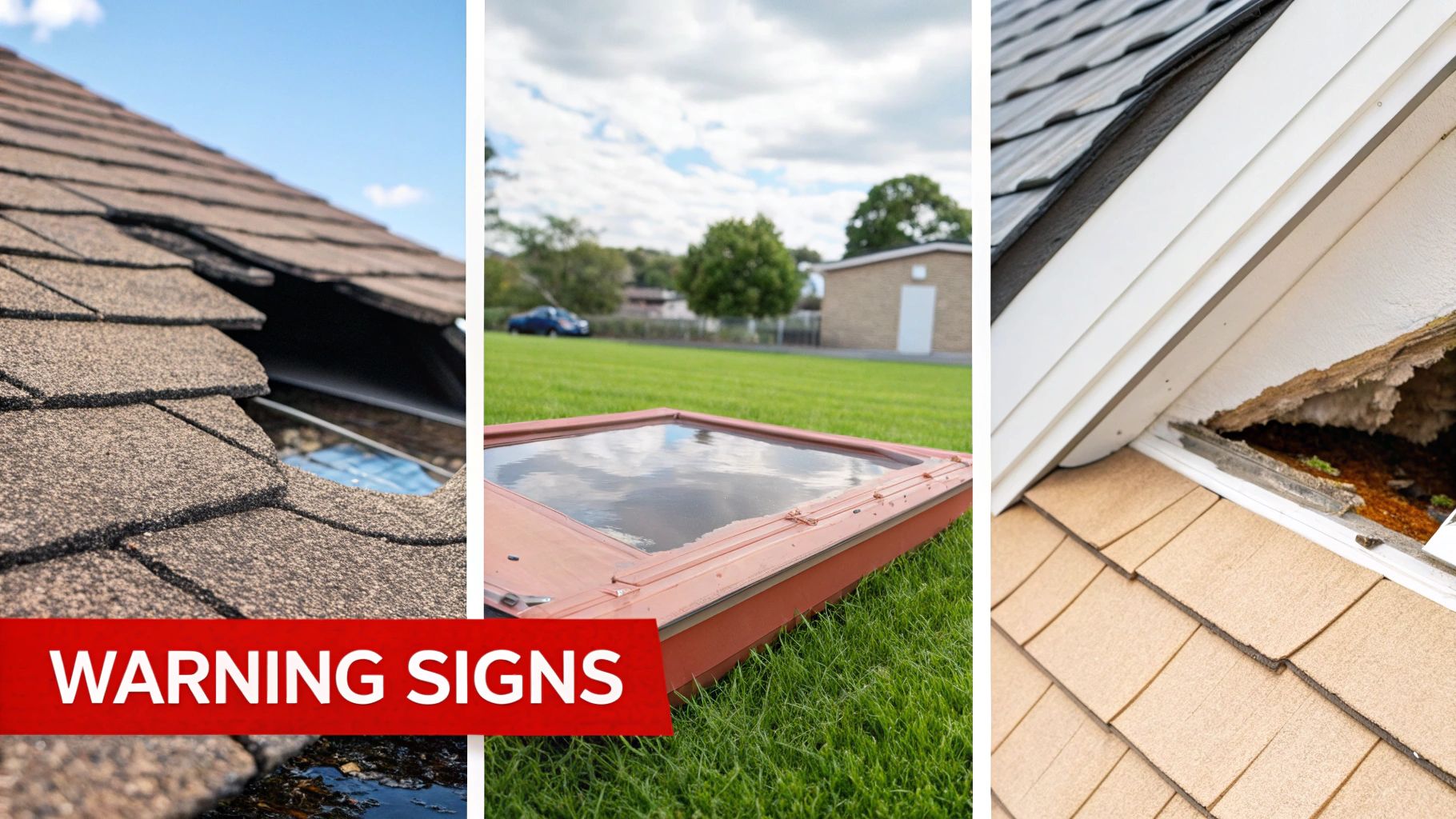 Three panels showing different types of roof damage, a skylight filled with water, and damaged soffit.