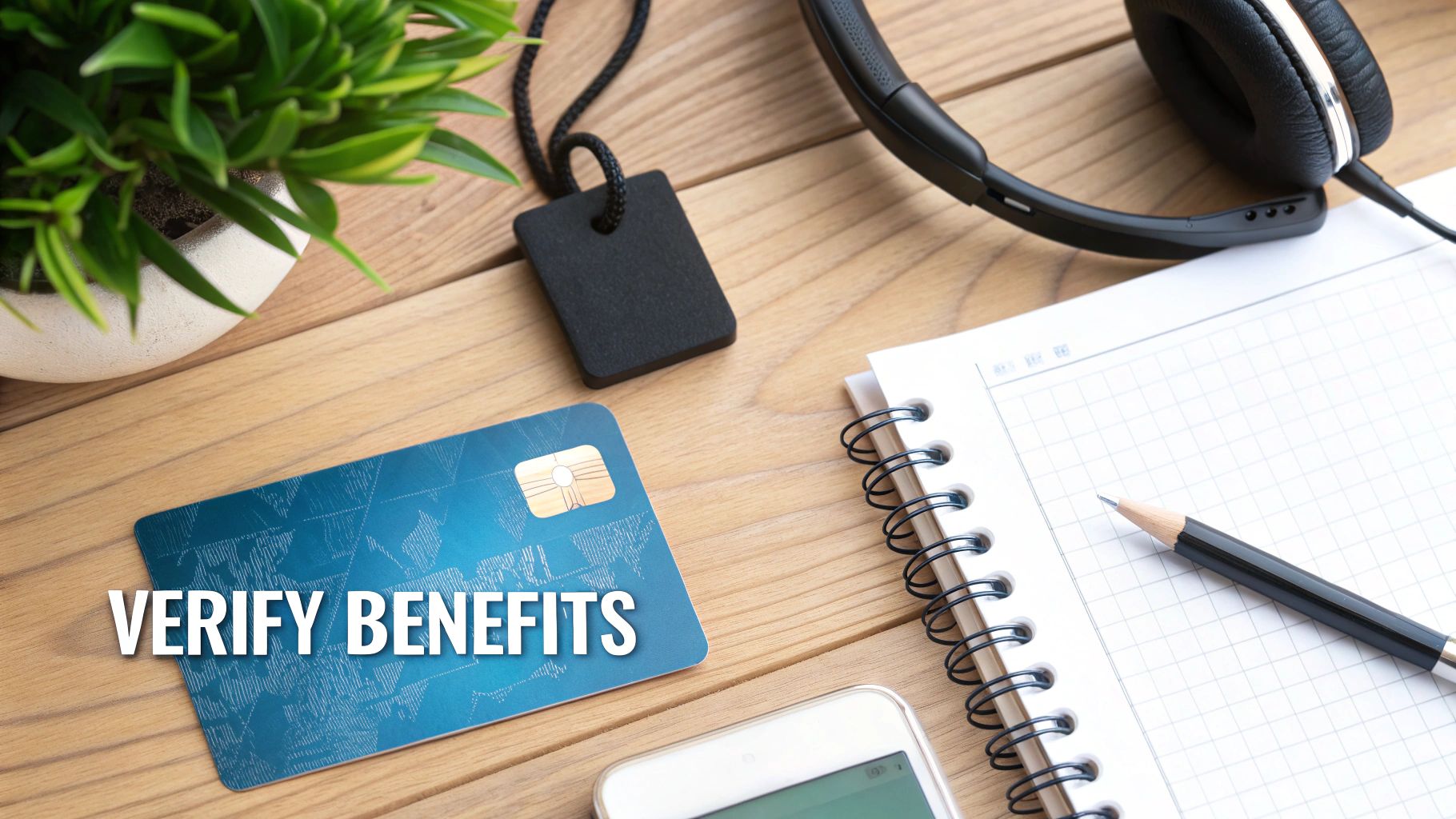 A blue credit card with 'VERIFY BENEFITS' text on a wooden desk with office supplies.