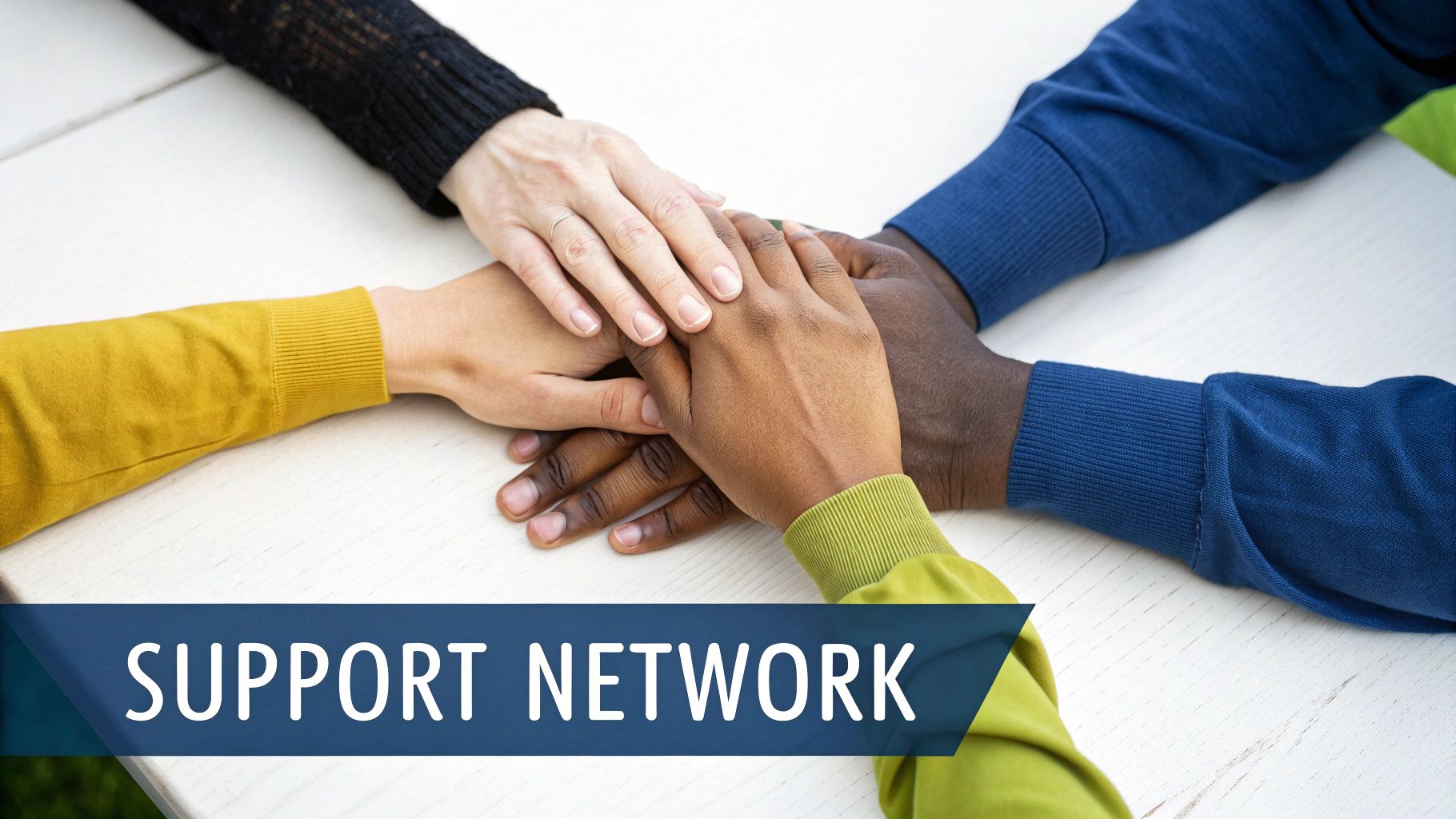 Five diverse hands, of different skin tones, stacked on a white table, symbolizing a support network.